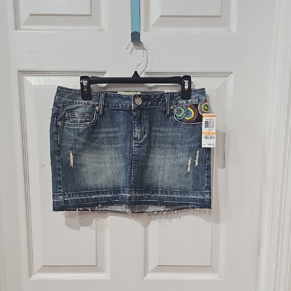 American Rag Blue Denim Mini Skirt with Colorful Bead Work.